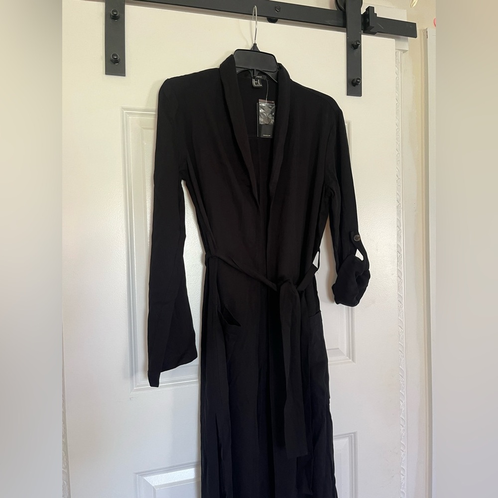 Forever 21 NWT Black Long Open Duster with Tie Waist, Women’s Sz M